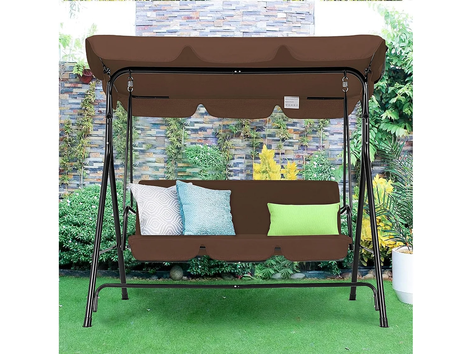YODOLLA 3-Sitzer Hollywoodschaukel mit verstellbarem Vordach & abnehmbarem Kissen,Anti-Rutsch-Füßen -172x112x150 cm - Für Garten,Terrasse und Poolbereich,Braun