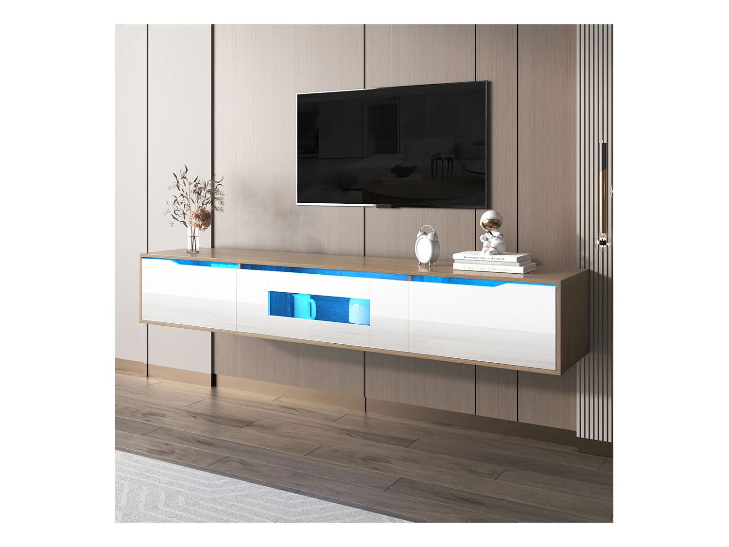 Meuble TV Suspendu & au Sol, Blanc Brillant et Bois, LED changeant de Couleur, 180x30x35cm