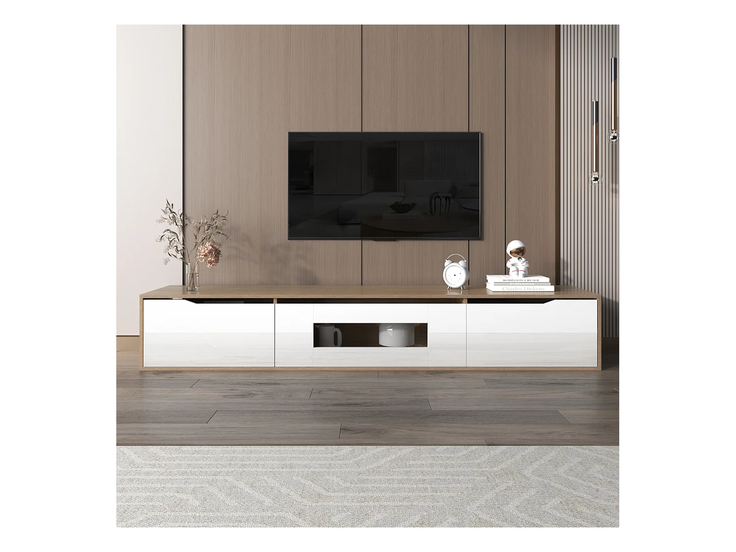 Meuble TV Suspendu & au Sol, Blanc Brillant et Bois, LED changeant de Couleur, 180x30x35cm