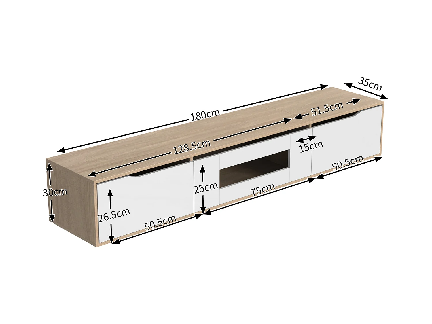 Meuble TV Suspendu & au Sol, Blanc Brillant et Bois, LED changeant de Couleur, 180x30x35cm