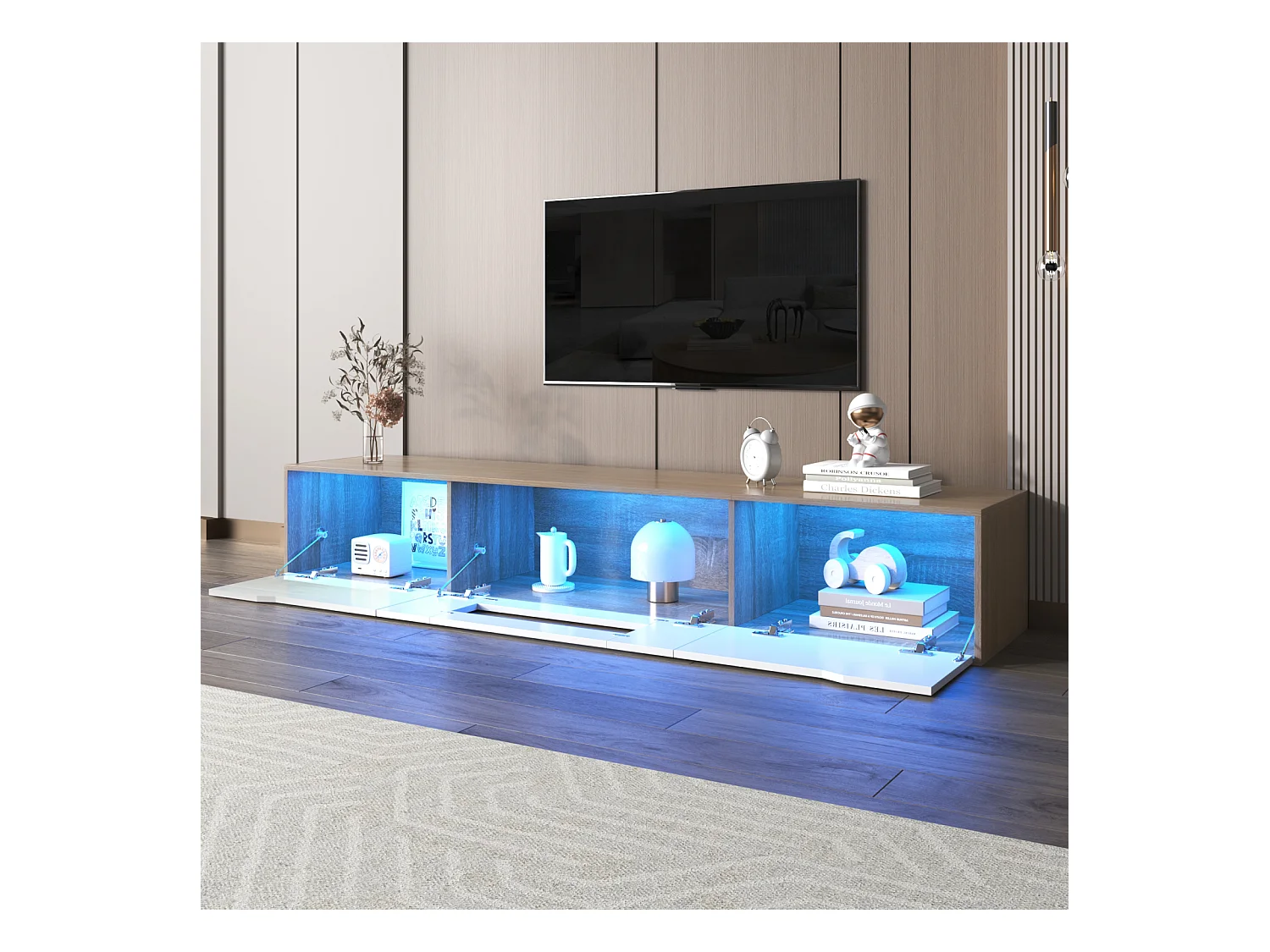 Meuble TV Suspendu & au Sol, Blanc Brillant et Bois, LED changeant de Couleur, 180x30x35cm