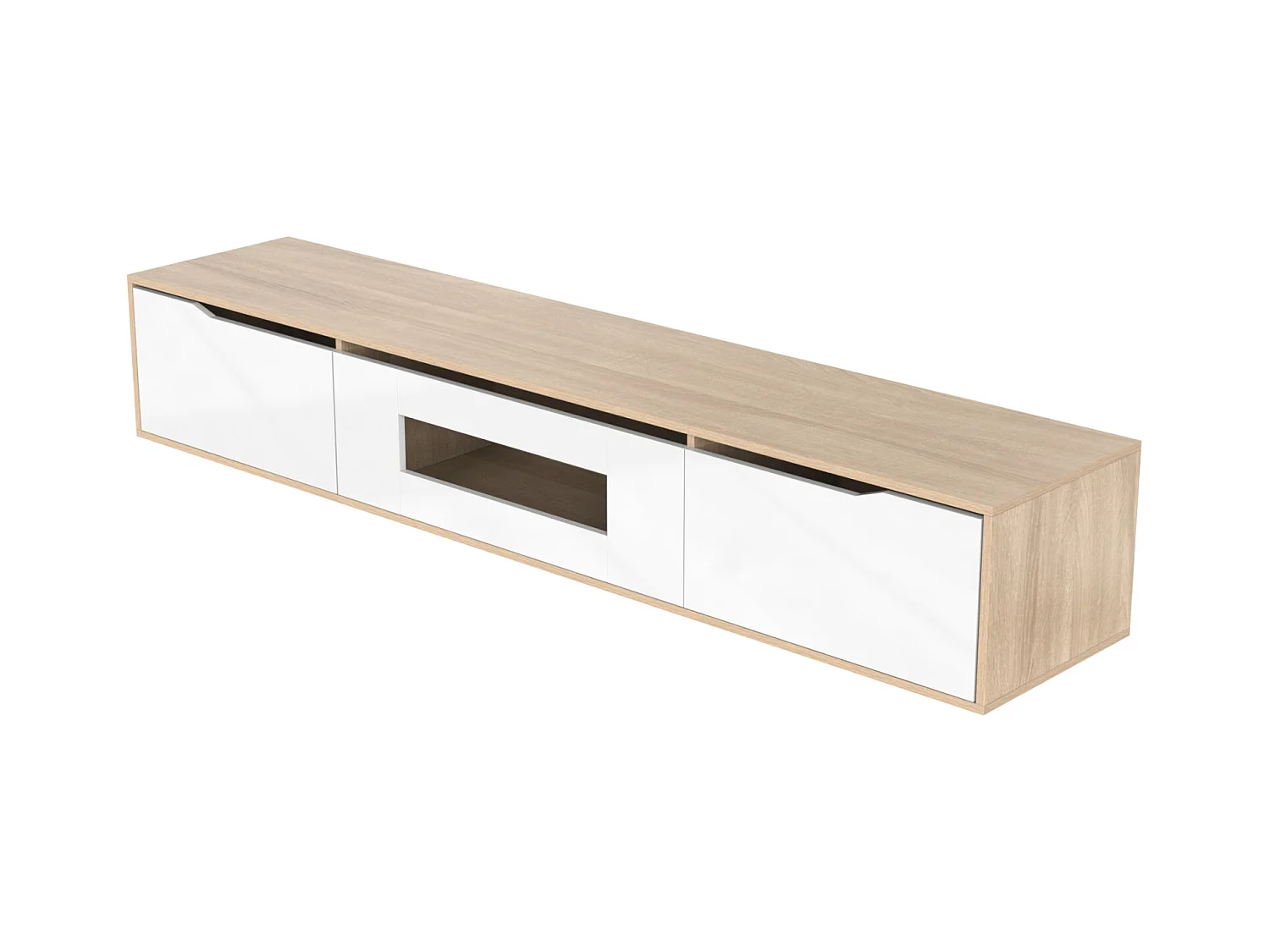 Meuble TV Suspendu & au Sol, Blanc Brillant et Bois, LED changeant de Couleur, 180x30x35cm