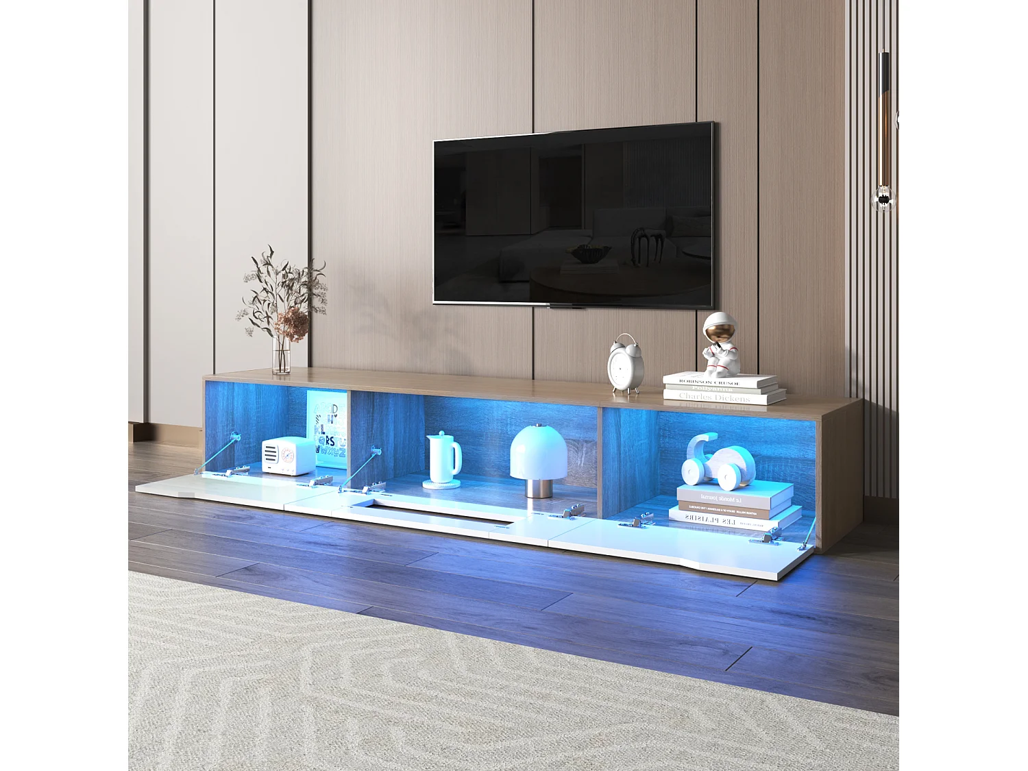 Móvel de TV moderno com iluminação LED e 3 portas, armário de parede com espaço de armazenamento, branco