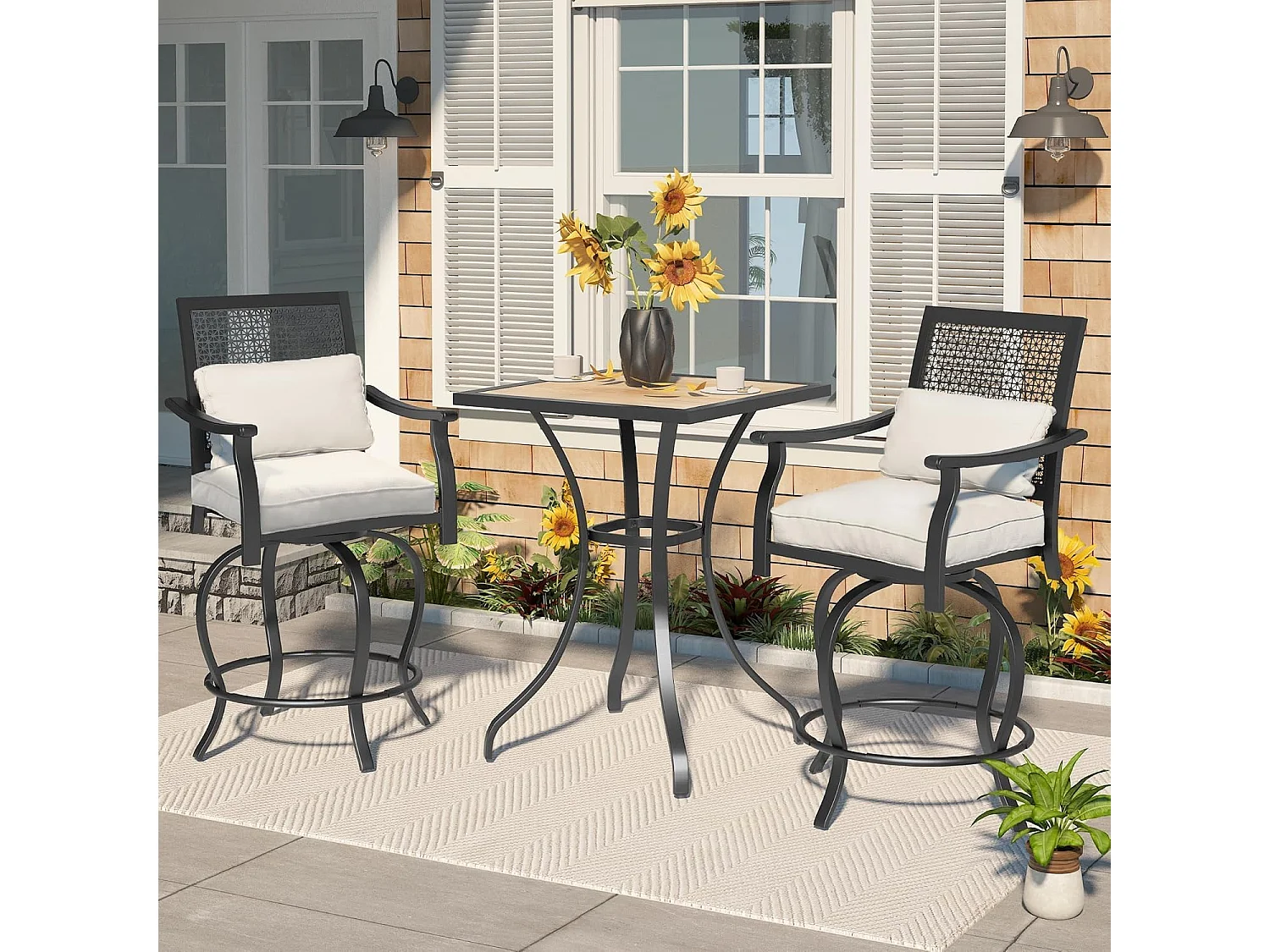 YODOLLA 3-tlg. Bistro Set mit 1 Hochtisch & 2 Drehstühlen, Barhöhe Gartenmöbel für Balkon, Terrasse und Garten