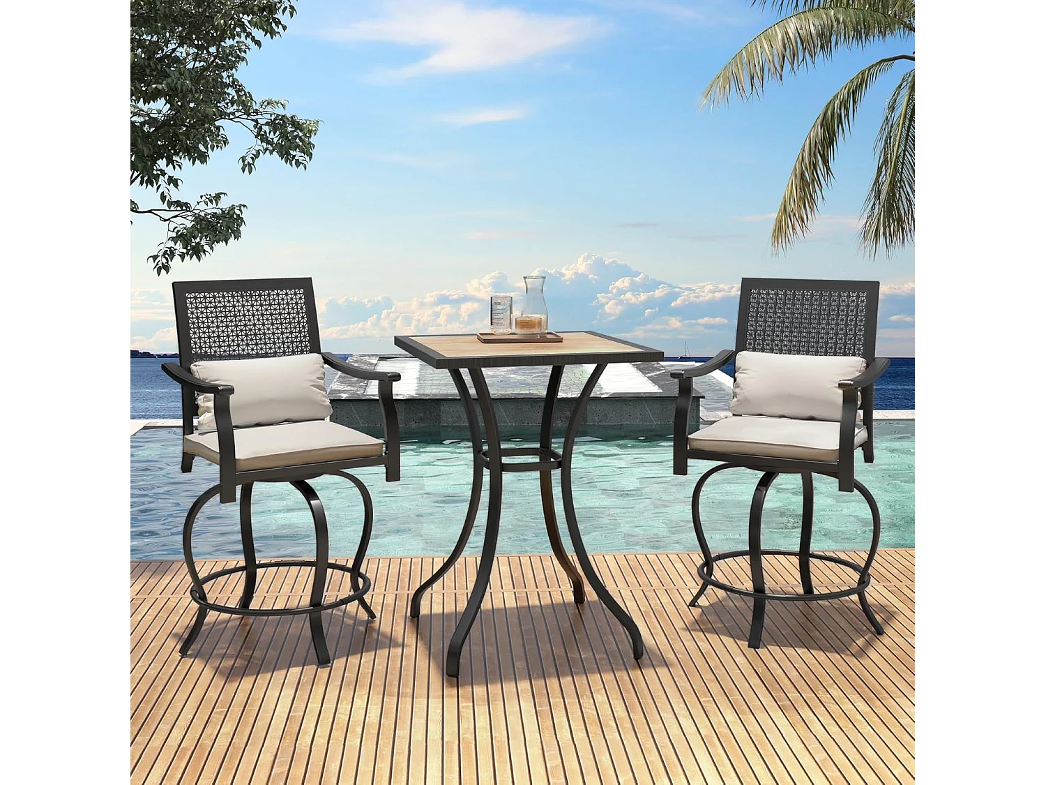 YODOLLA 3-tlg. Bistro Set mit 1 Hochtisch & 2 Drehstühlen, Barhöhe Gartenmöbel für Balkon, Terrasse und Garten