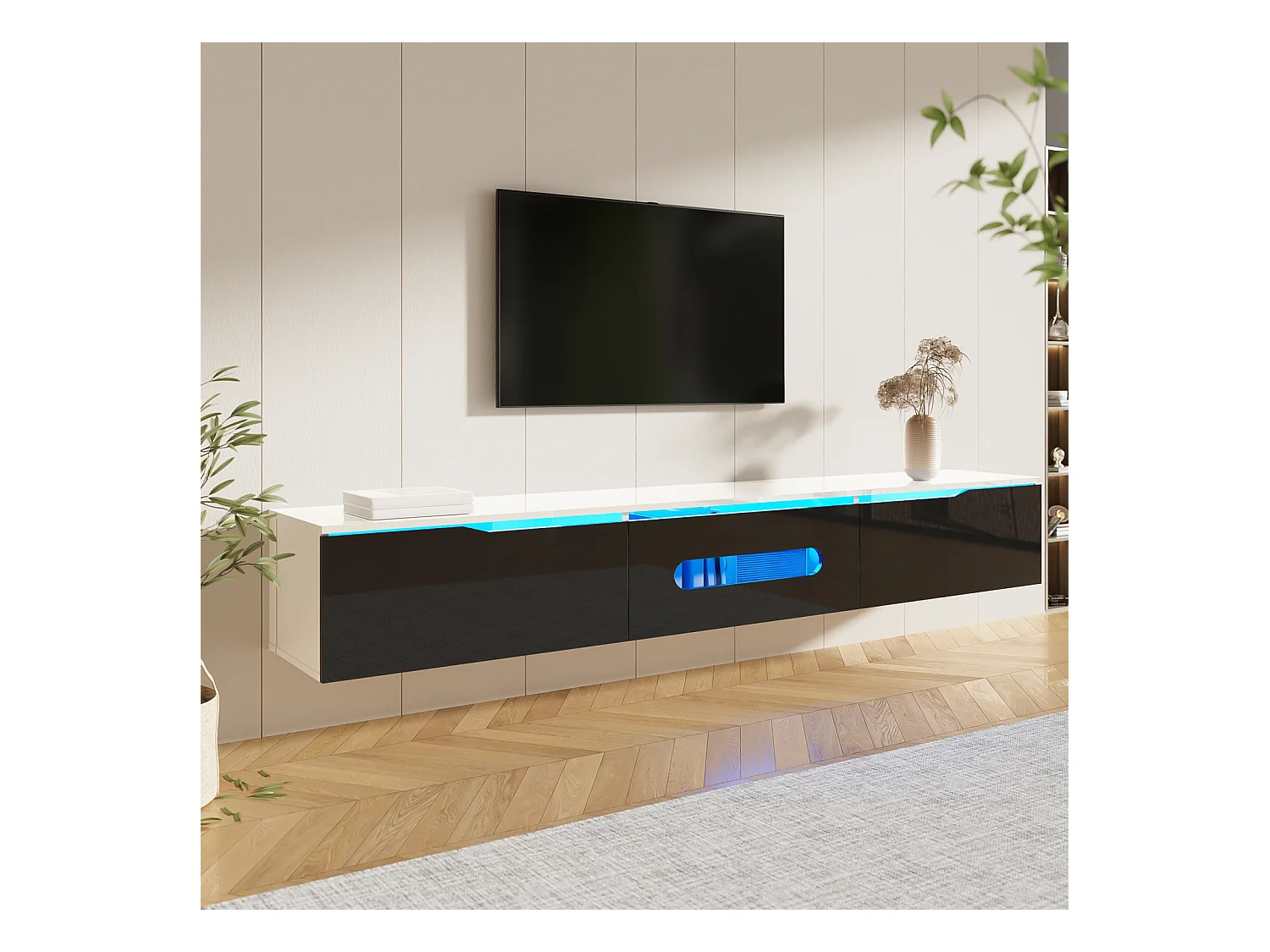 Meuble TV Bas avec LED, avec 3 Cabinets, Suspendu ou au Sol, pour Salon,180 x30x30cm, Noir Brillant