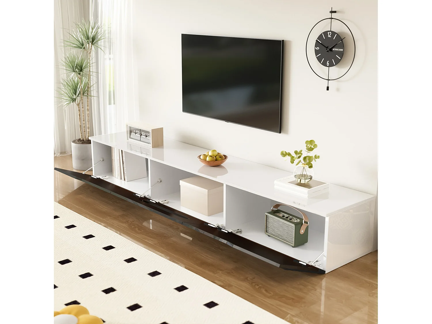 Mueble de TV bajo con LED, con 3 compartimentos, para colgar o colocar en el suelo, para salón, 180 x 30 x 30 cm, negro brillante