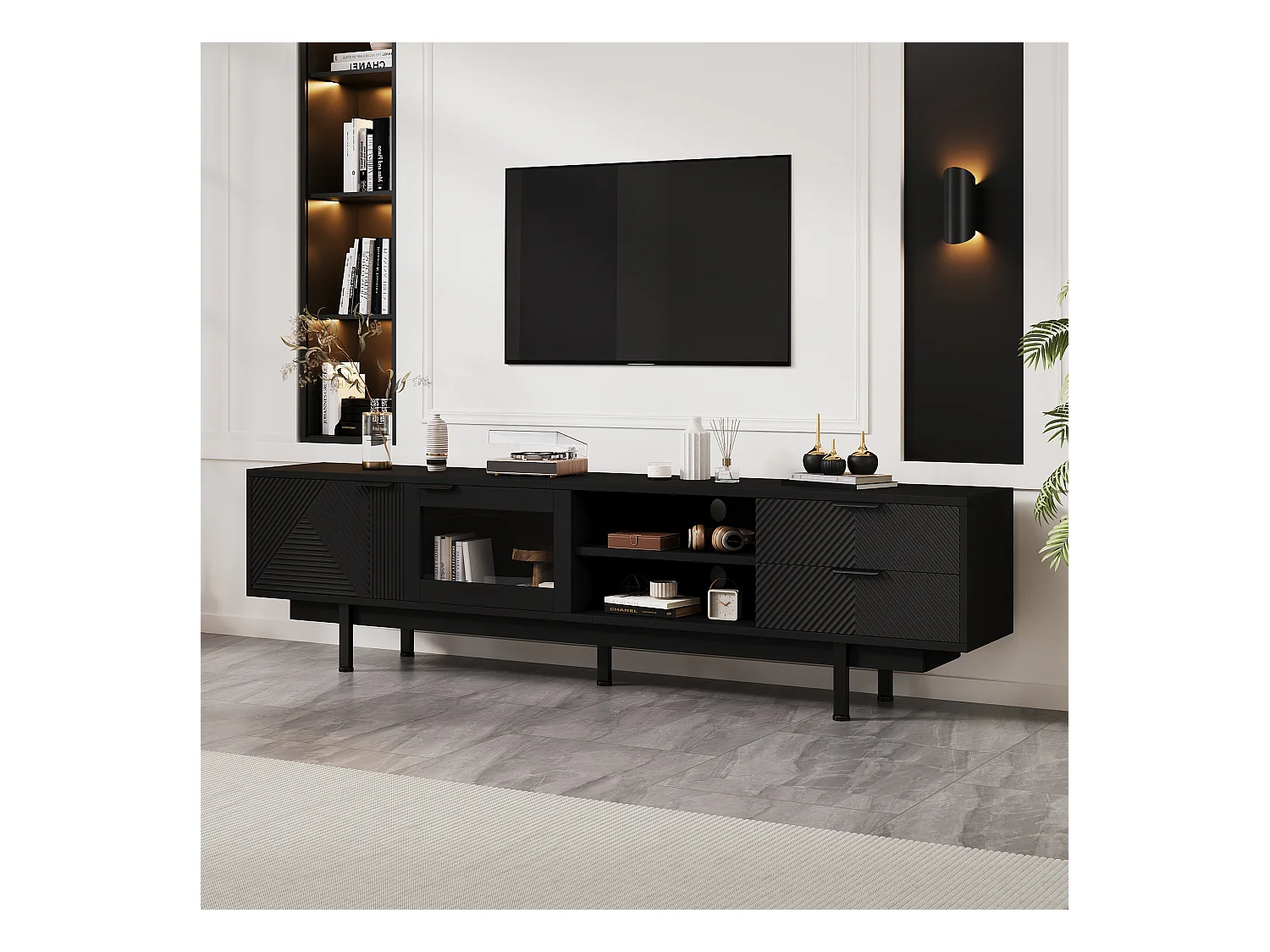 Suporte de TV boêmio com espaço de armazenamento, portas de armário minimalistas, 200 x 40 x 51 cm, preto