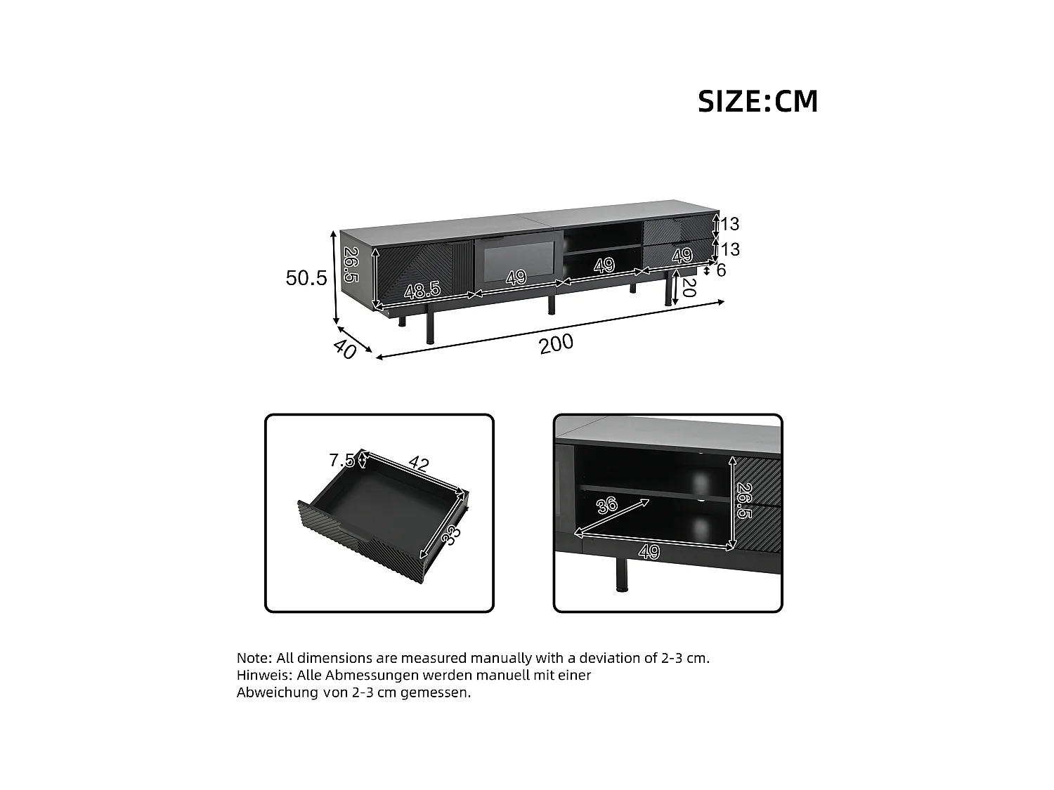 Suporte de TV boêmio com espaço de armazenamento, portas de armário minimalistas, 200 x 40 x 51 cm, preto