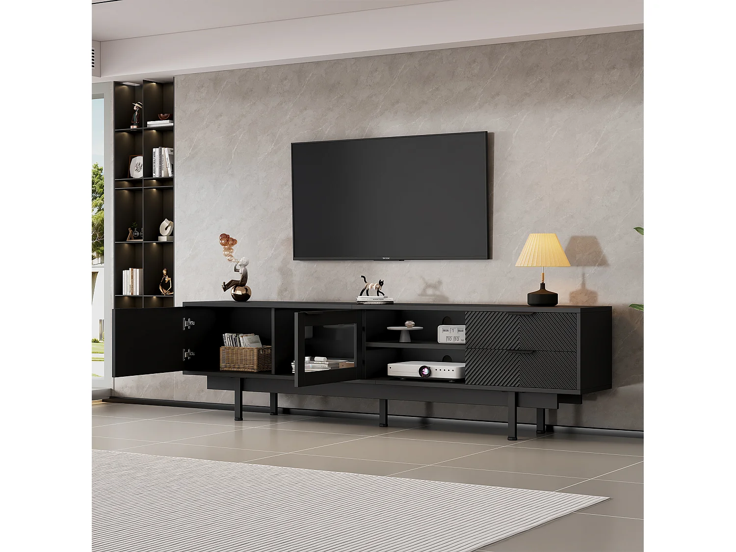 Meuble TV bas, 200 cm de long, avec 2 portes, 2 tiroirs, pour salle à manger, salon, Noir