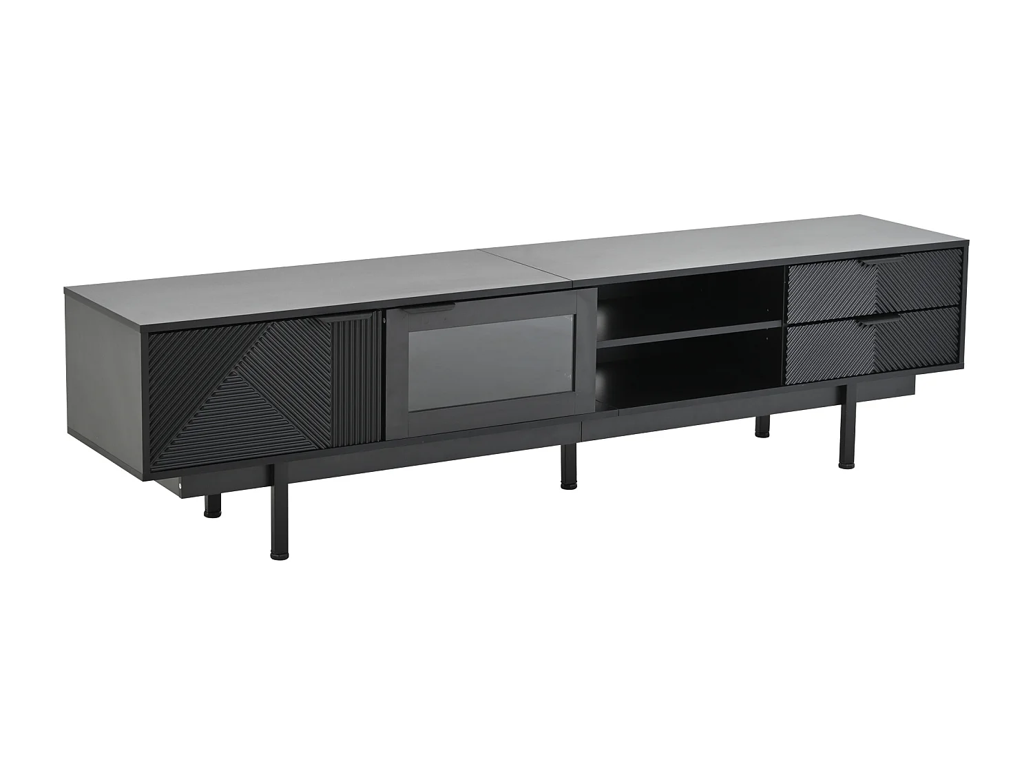 Meuble TV bas, 200 cm de long, avec 2 portes, 2 tiroirs, pour salle à manger, salon, Noir