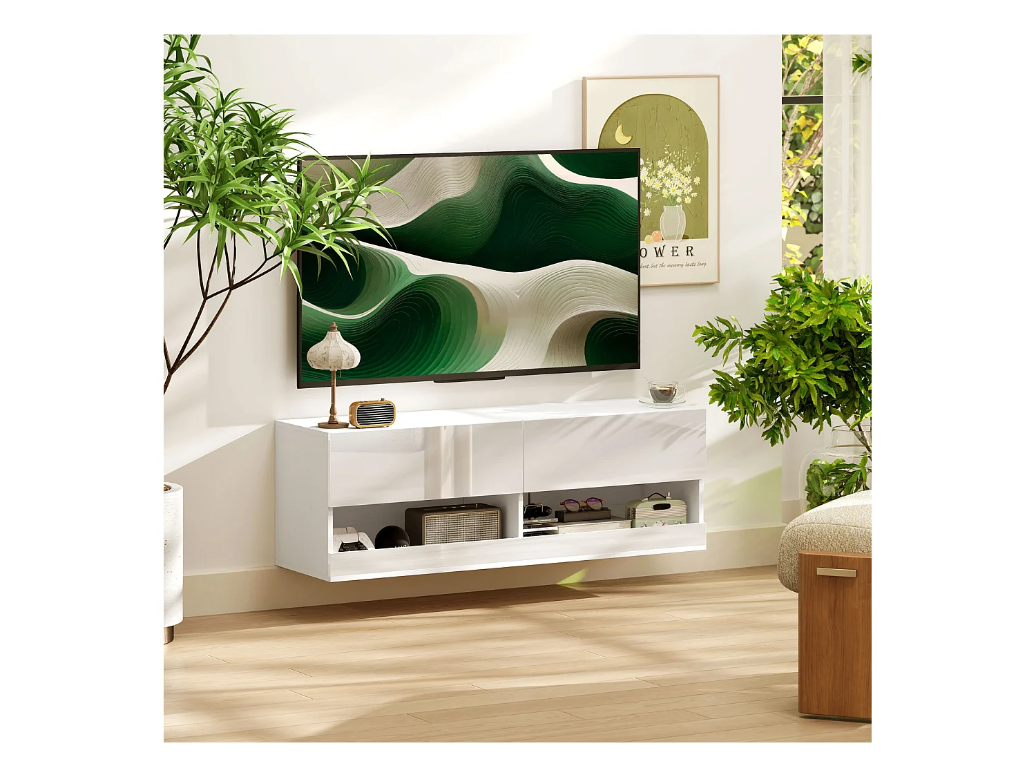 Meuble TV LED 120 x 35 x 40 cm, Meuble TV Mural Blanc Laqué, pour Le Salon ou La Chambre à Coucher