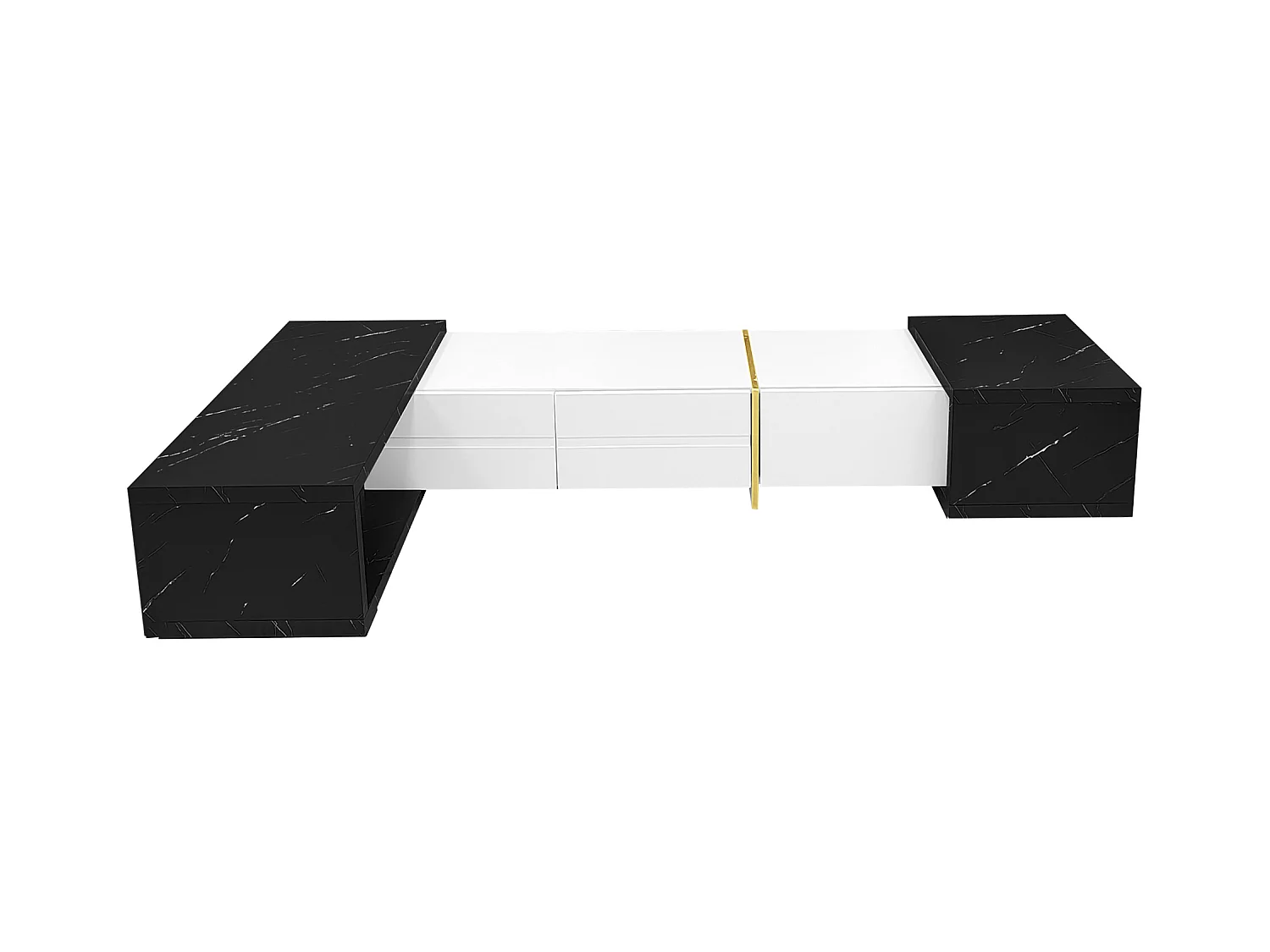 Meuble TV de Longueur Variable (140-260 cm), lowboard Fonction pivotante, Aspect marbre, Blanc