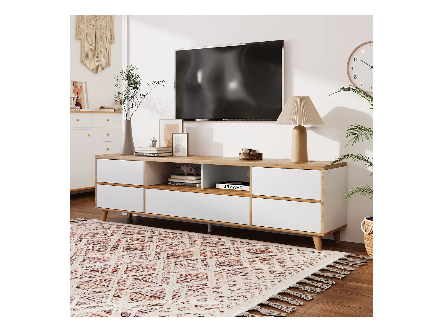Mueble TV bajo, mueble TV con 5 puertas y 2 compartimentos abiertos, para salón, comedor, Color Blanco