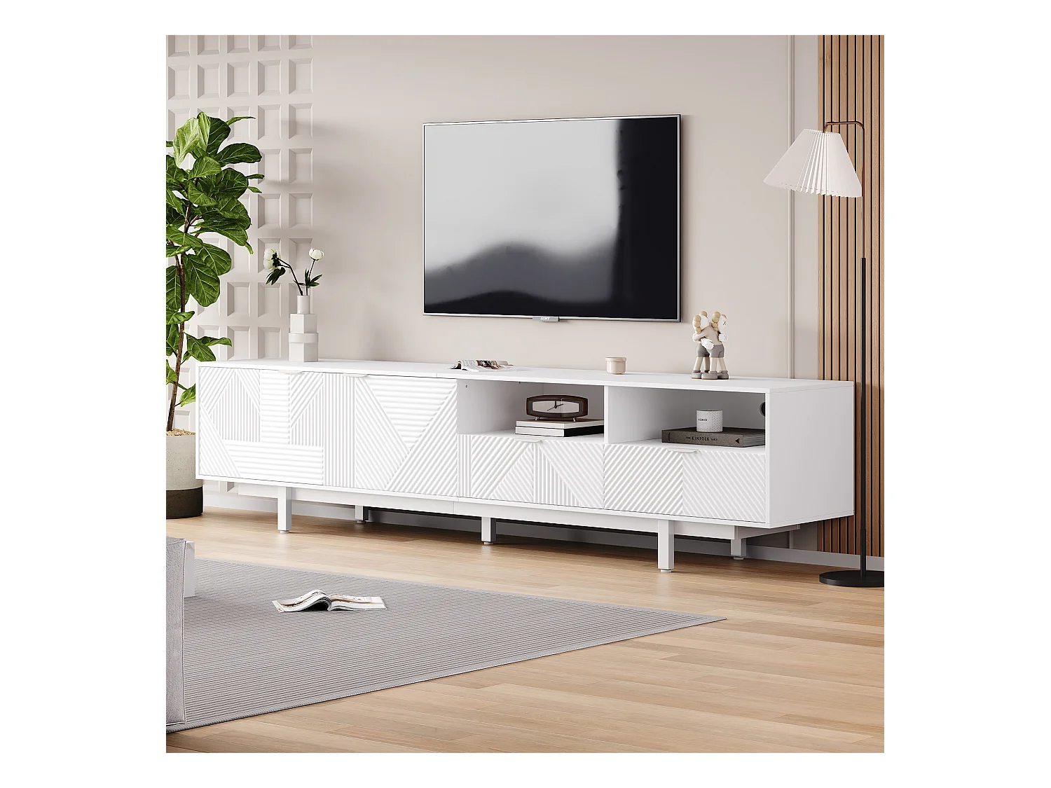 Mueble de TV, 200 x 40 x 51 cm, Diseño geométrico, con espacio de almacenaje, Blanco