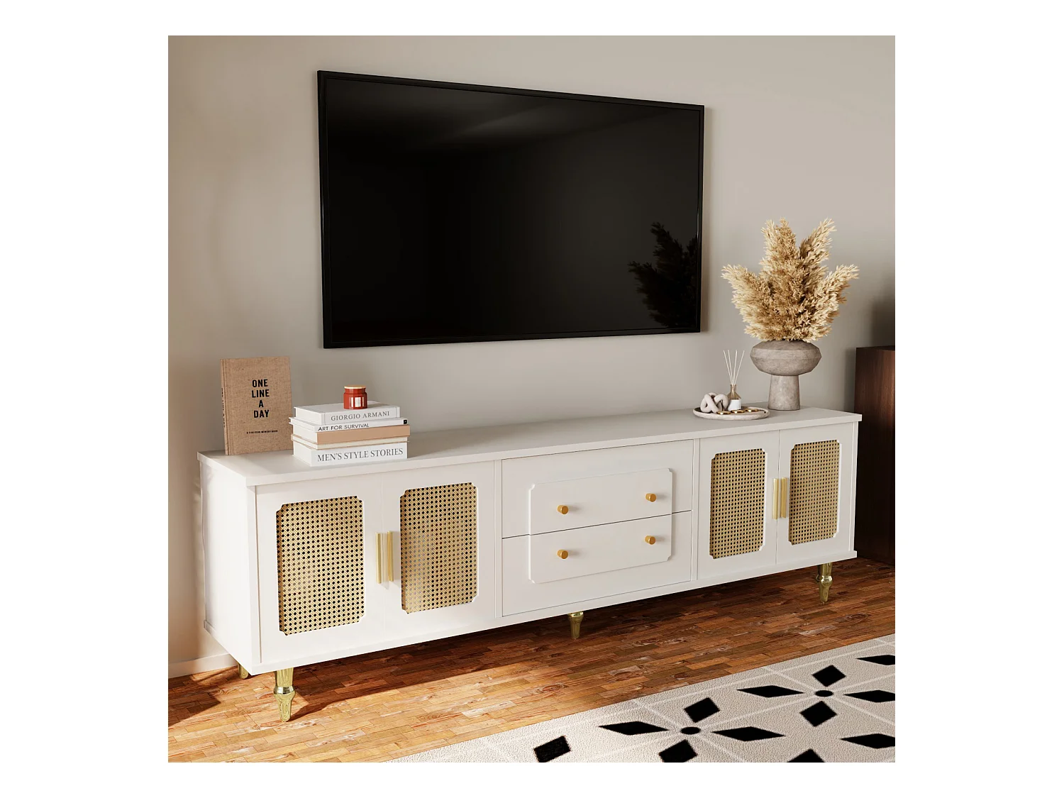 Meuble TV avec 4 Portes 2 Tiroirs, Porte Vitrée Et Pieds en Bois Massif pour Salon 70-79 in, Blanc