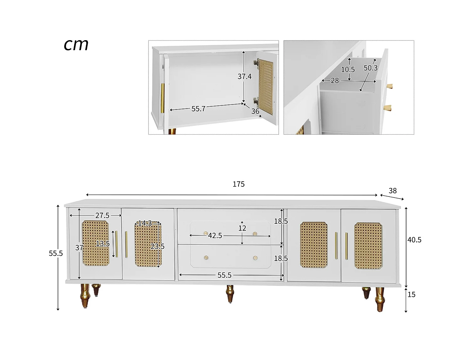 Meuble TV avec 4 Portes 2 Tiroirs, Porte Vitrée Et Pieds en Bois Massif pour Salon 70-79 in, Blanc