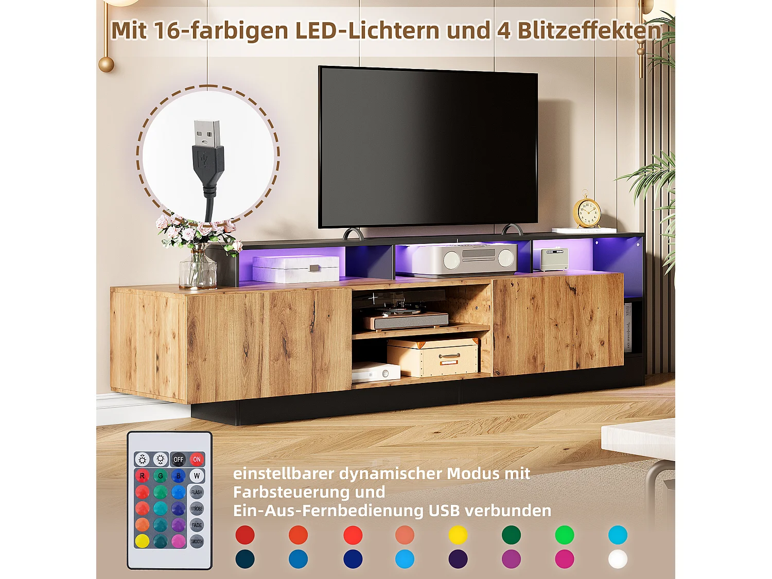 Meuble TV en Bois avec LED, Meuble TV Moderne avec 2 Portes, pour Télévision de 70 Pouces, Bois