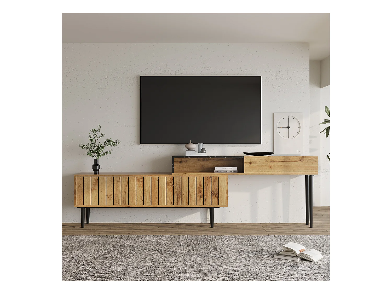 Meuble TV Longueur Réglable 130-200cm, Modèle de Marbre en PVC, Conception en Gradins, Bois
