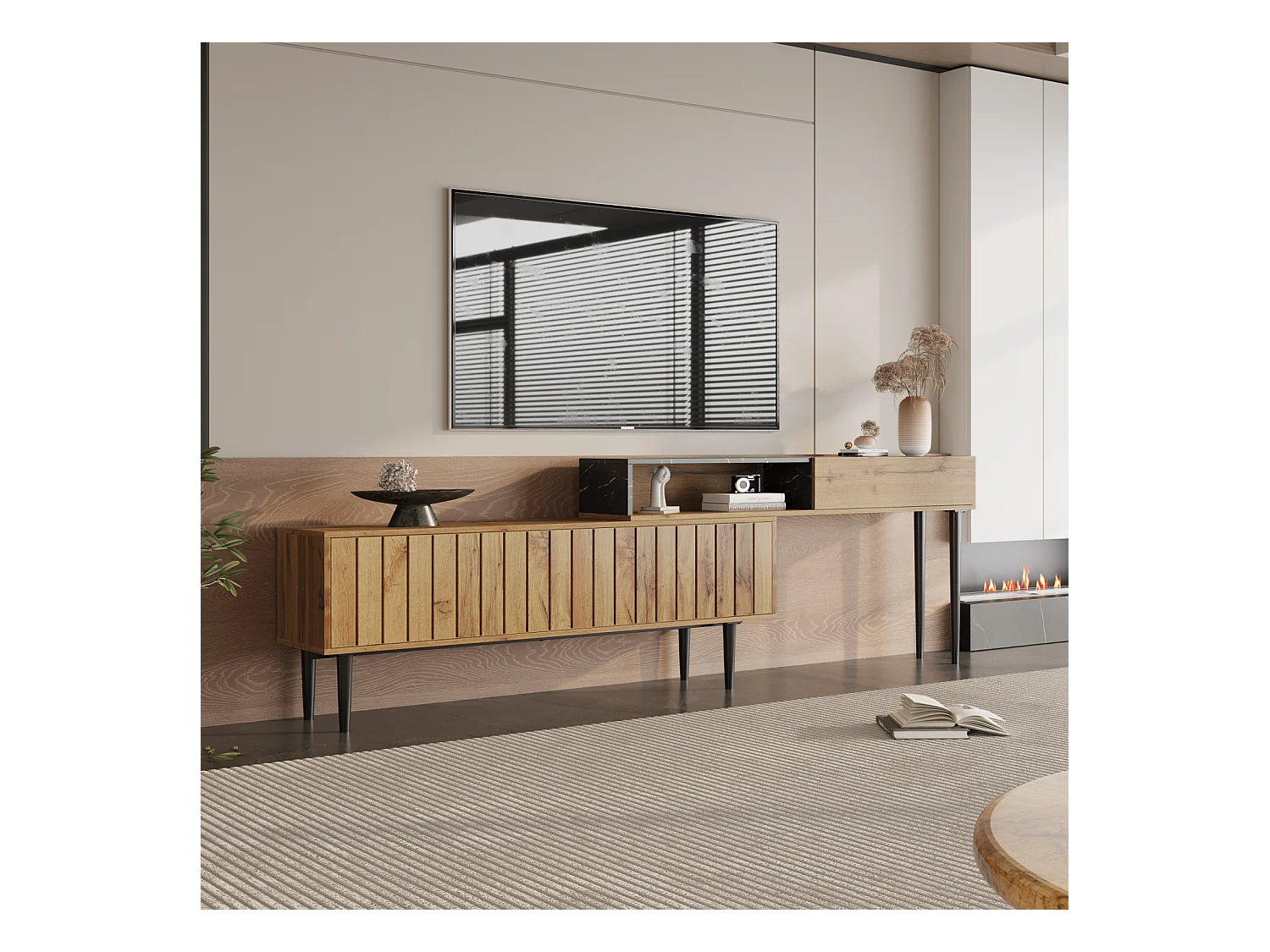 Soporte para TV de longitud ajustable de 130 a 200 cm, PVC con patrón de mármol, diseño escalonado, madera