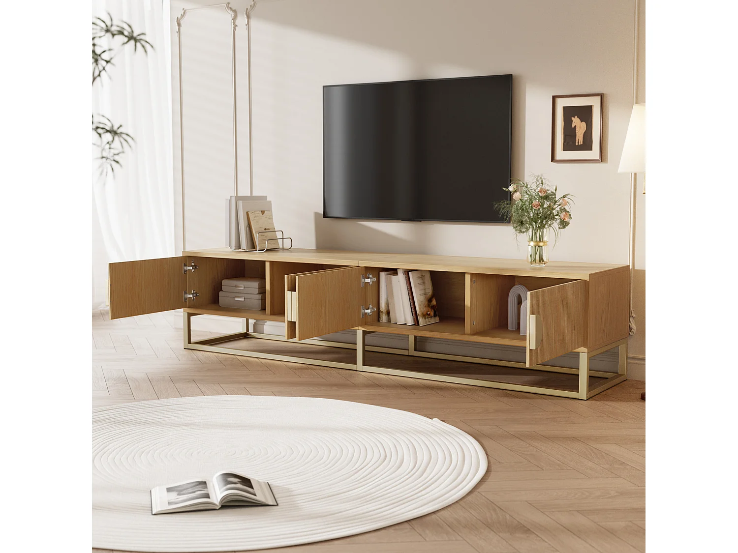 Móvel de TV de madeira com 4 portas, puxadores semicirculares, unidade de armazenamento moderna para sala de estar