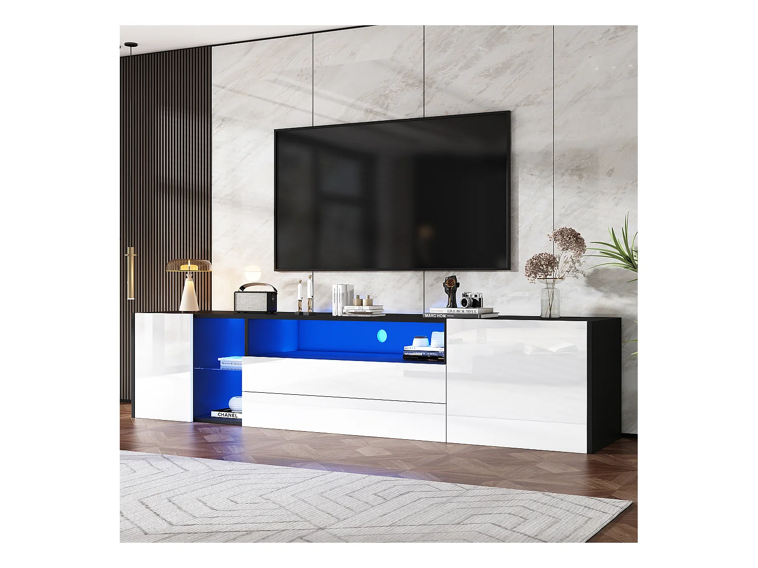 Mueble de TV moderno con LED, blanco y negro, 2 cajones y 2 puertas, 180 x 40 x 45 cm