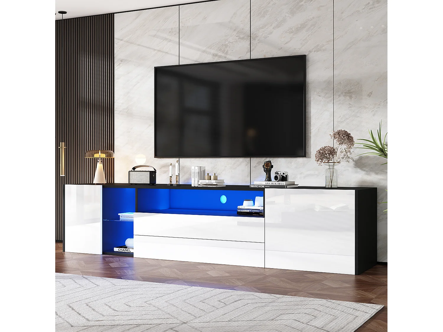 Meuble TV LED Blanc Noir Moderne, 2 Tiroirs + 2 Portes, Meuble Télé avec LED, 180 x 40 x 45 cm
