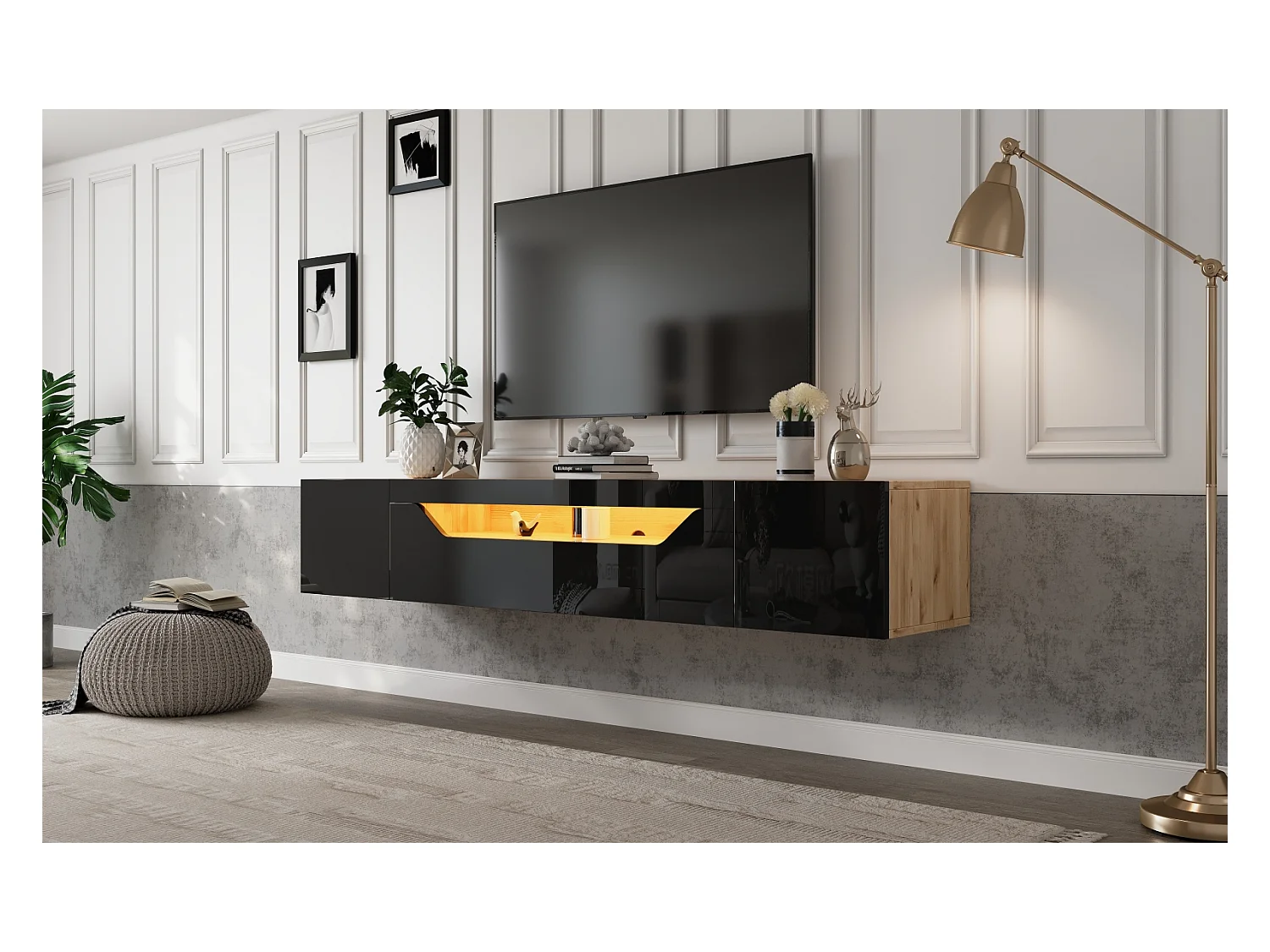 Mueble de TV con LED - Con puerta plegable - Estante de pared de 180 cm - Para salón, comedor, color negro