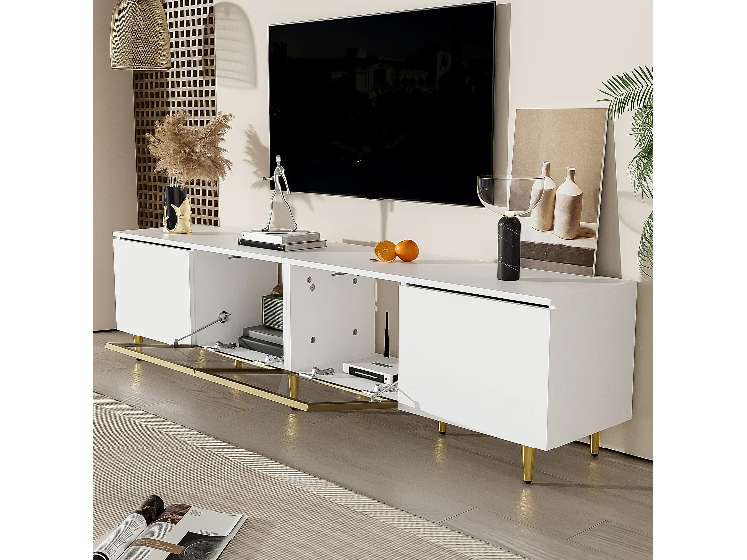 Mueble de TV blanco con espacio de almacenamiento y 4 puertas para salón, 170 x 33 x 40 cm