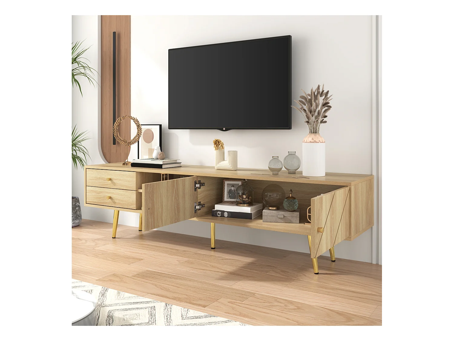 Meuble TV 160 cm avec Pieds dorés - Meuble TV Moderne avec 2 tiroirs et 2 Portes - Durable, Bois