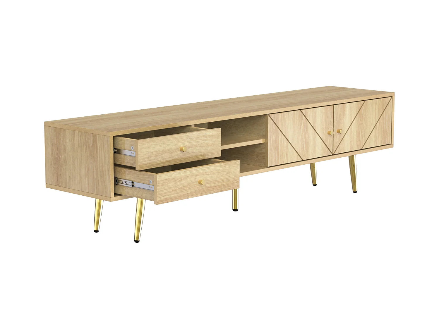 Meuble TV 160 cm avec Pieds dorés - Meuble TV Moderne avec 2 tiroirs et 2 Portes - Durable, Bois