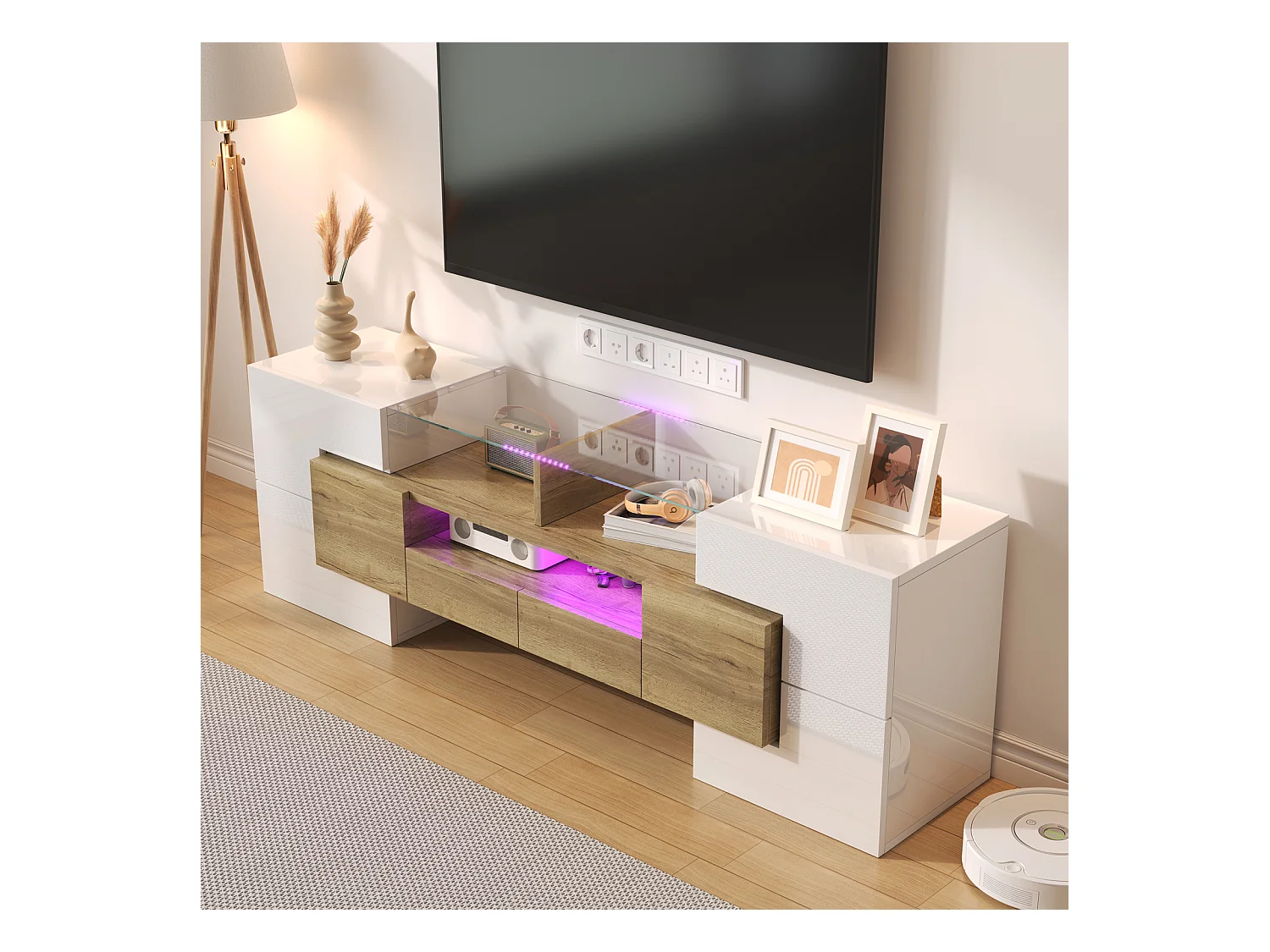 Suporte de TV moderno de alto brilho com LED, 4 portas e 2 gavetas, armazenamento aberto, branco