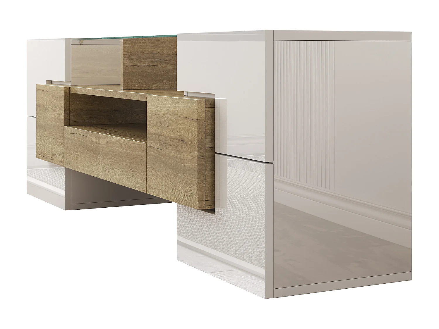 Suporte de TV moderno de alto brilho com LED, 4 portas e 2 gavetas, armazenamento aberto, branco