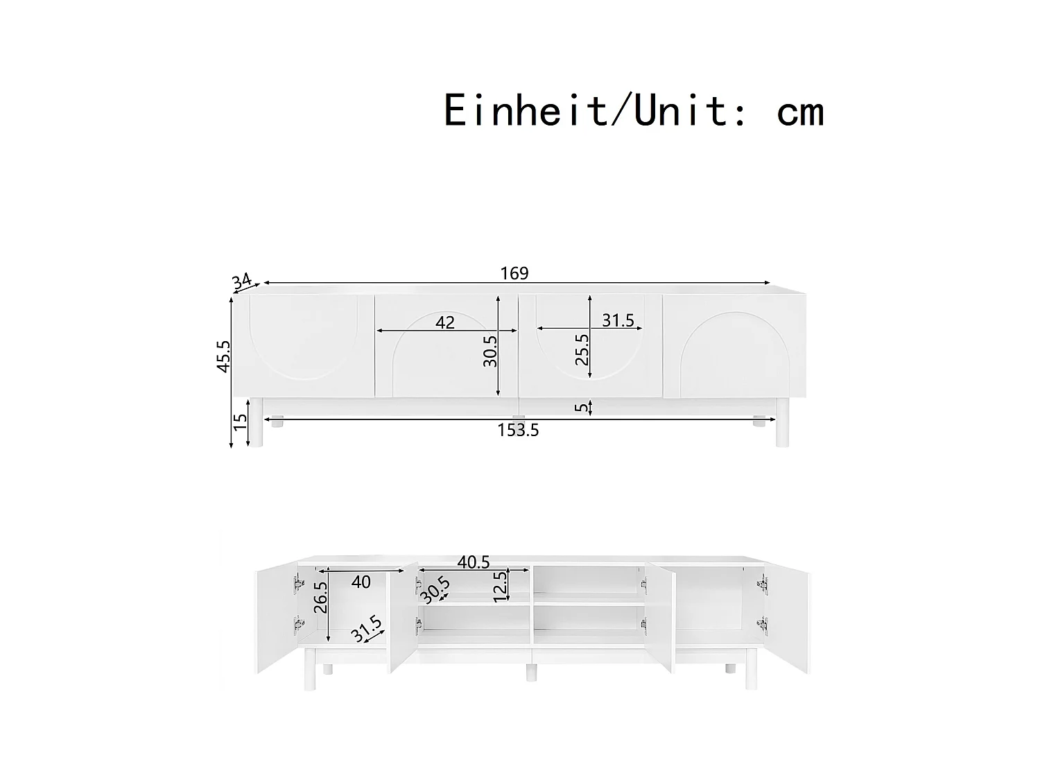 Mueble de TV moderno, con estantes ajustables, mueble de TV bajo, ligero, estilo lujoso, 175 x 38 x 56 cm, blanco