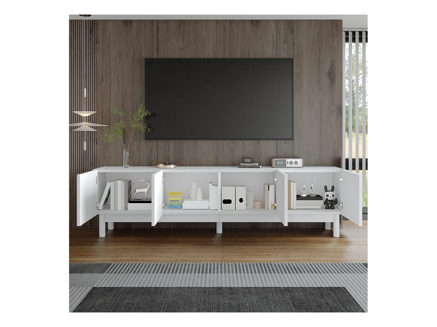 Mueble de TV moderno, con estantes ajustables, mueble de TV bajo, ligero, estilo lujoso, 175 x 38 x 56 cm, blanco