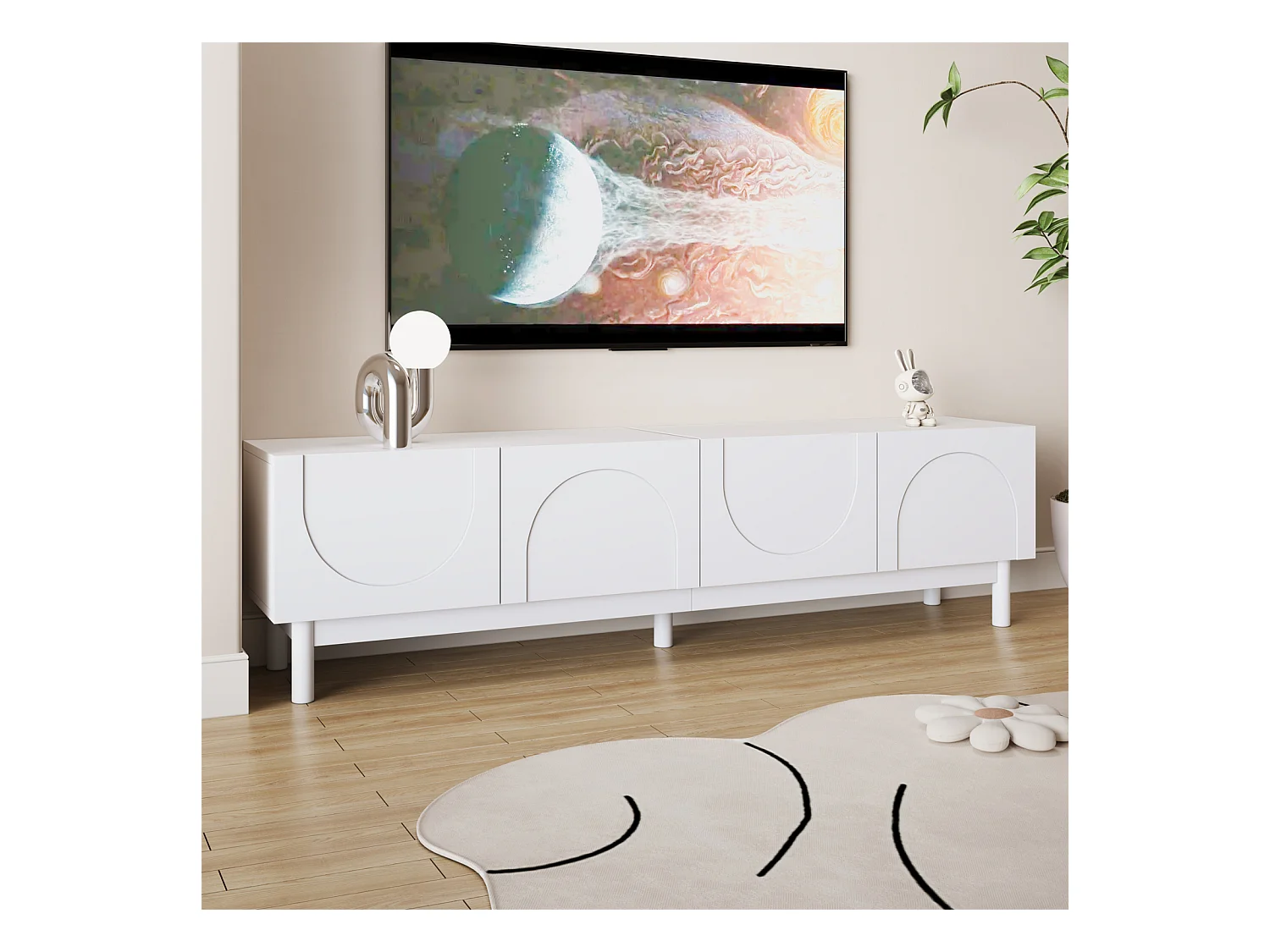 Meuble TV moderne, avec plateaux réglables, meuble TV bas, léger, style luxe, 175 x 38 x 56 cm,Blanc