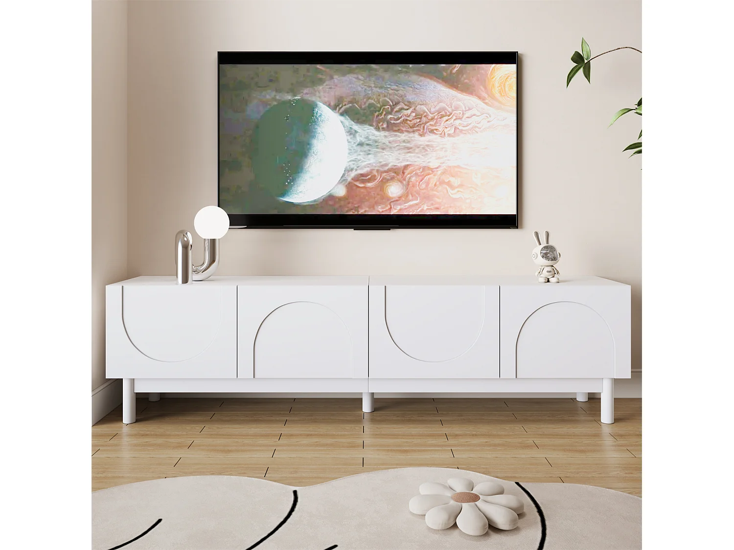 Meuble TV moderne, avec plateaux réglables, meuble TV bas, léger, style luxe, 175 x 38 x 56 cm,Blanc