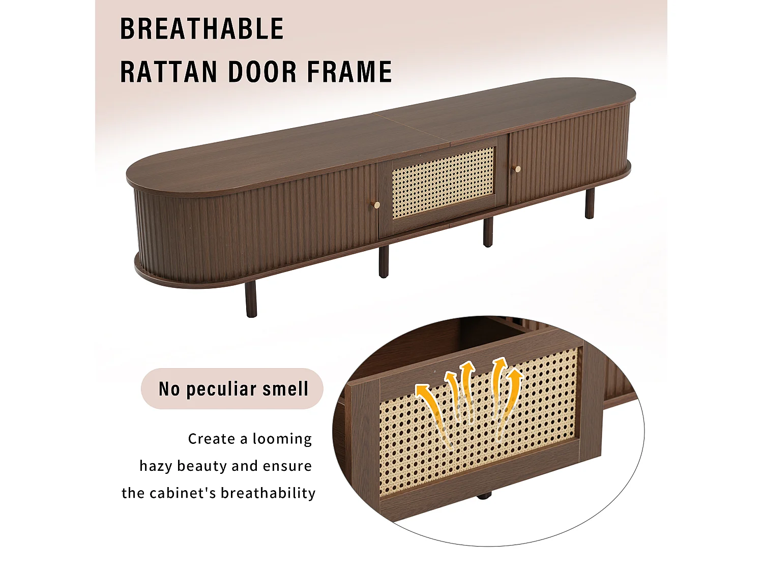 Meuble TV Ovale en Noyer foncé, Design rotin 180 * 40 * 40 cm Design MDF, Pieds réglables