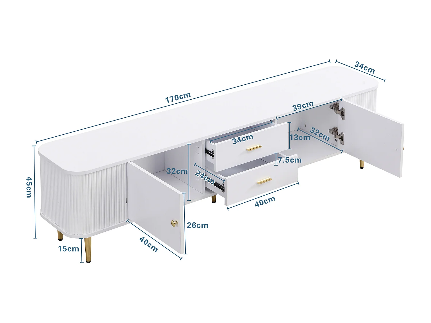 Meuble TV 170, Meuble TV Blanc avec 2 Tiroirs et 2 Portes, Coin Arrondi, Salon, MDF, 170x34x45cm