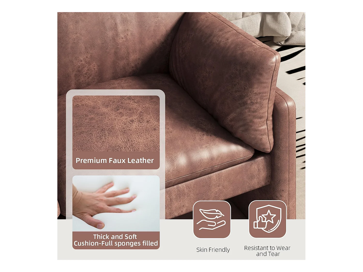 YODOLLA Ledersofa 172 cm, 3-Sitzer Couch modern & groß für Wohnzimmer. Ideal für Wohnung, Schlafzimmer oder Home-Office, Braun