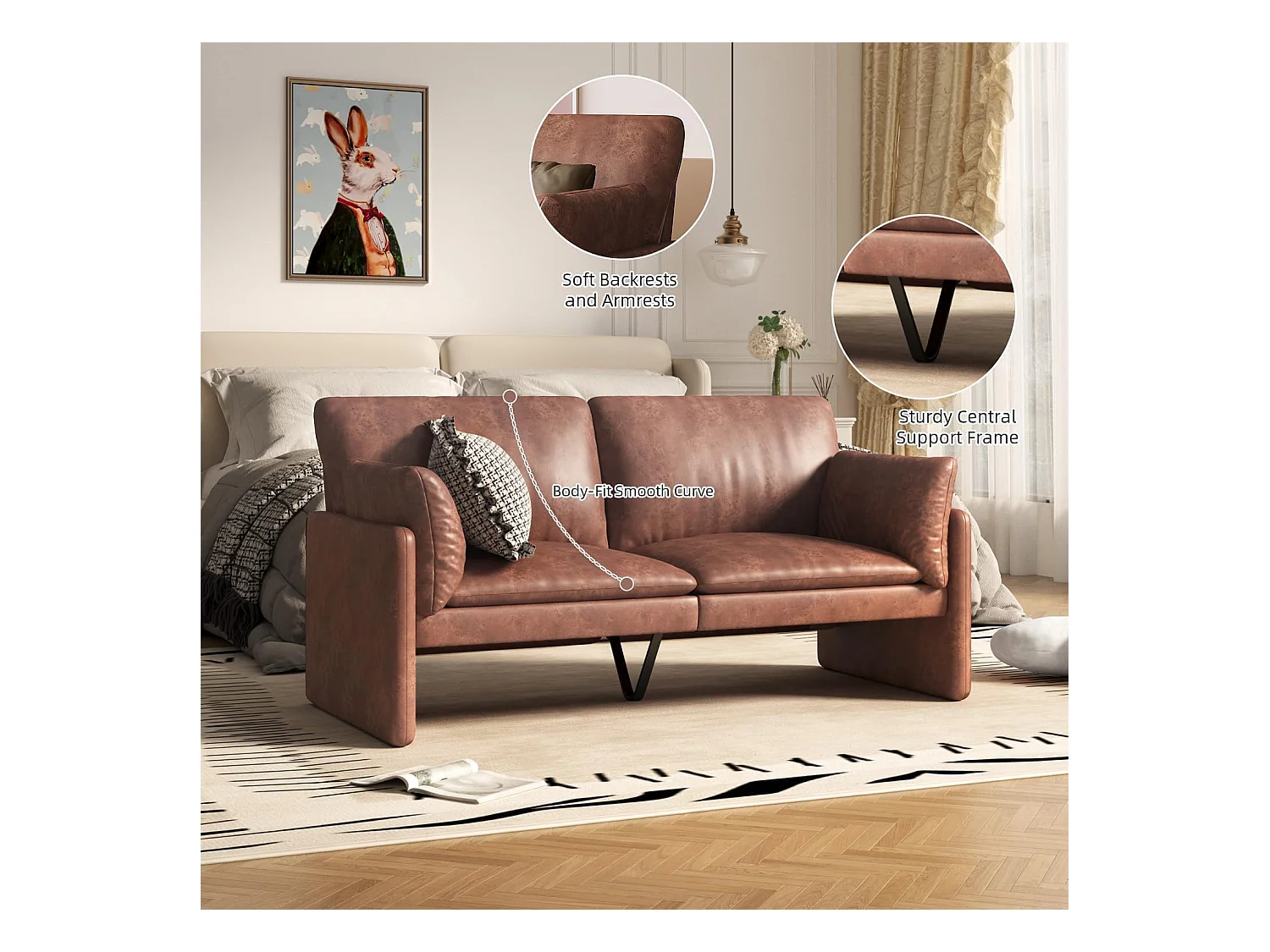YODOLLA Ledersofa 172 cm, 3-Sitzer Couch modern & groß für Wohnzimmer. Ideal für Wohnung, Schlafzimmer oder Home-Office, Braun