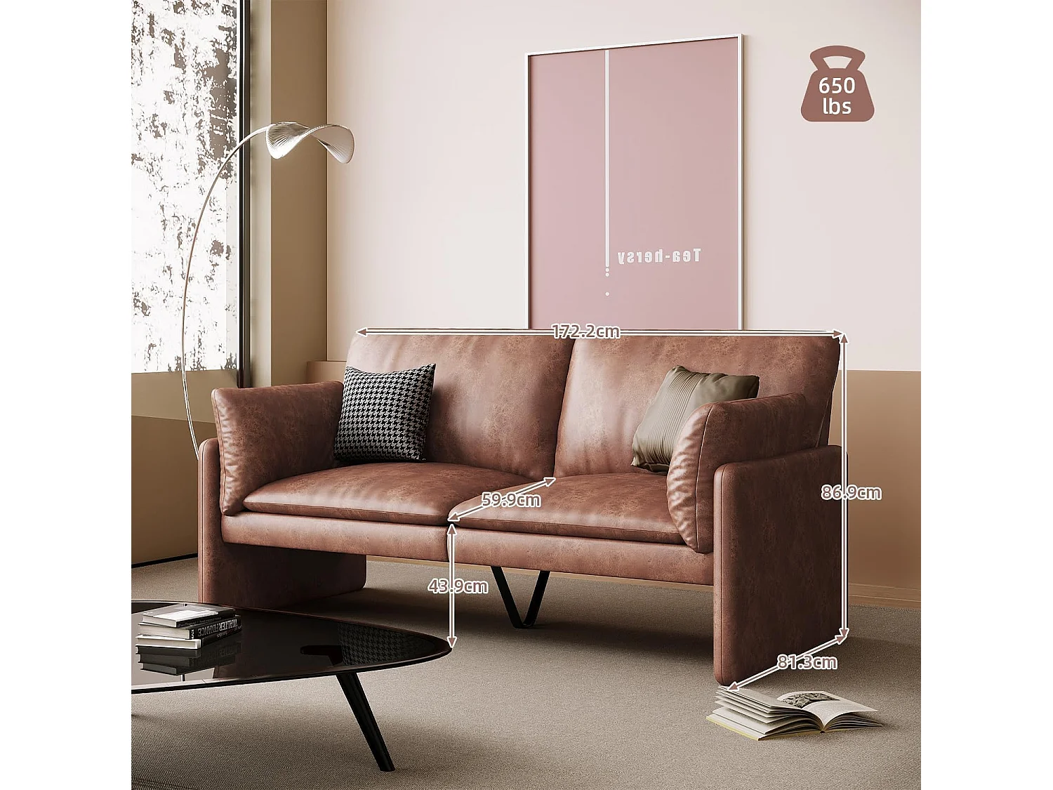 YODOLLA Ledersofa 172 cm, 3-Sitzer Couch modern & groß für Wohnzimmer. Ideal für Wohnung, Schlafzimmer oder Home-Office, Braun