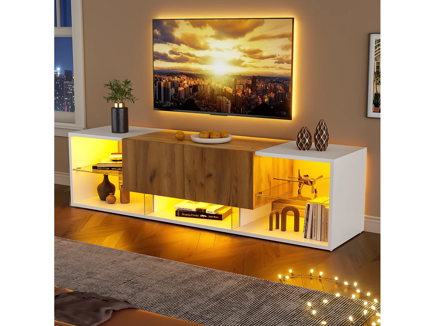 Mueble de TV con LED, con tapa de cristal y 2 cajones, apto para salón, 160x40x42cm, blanco