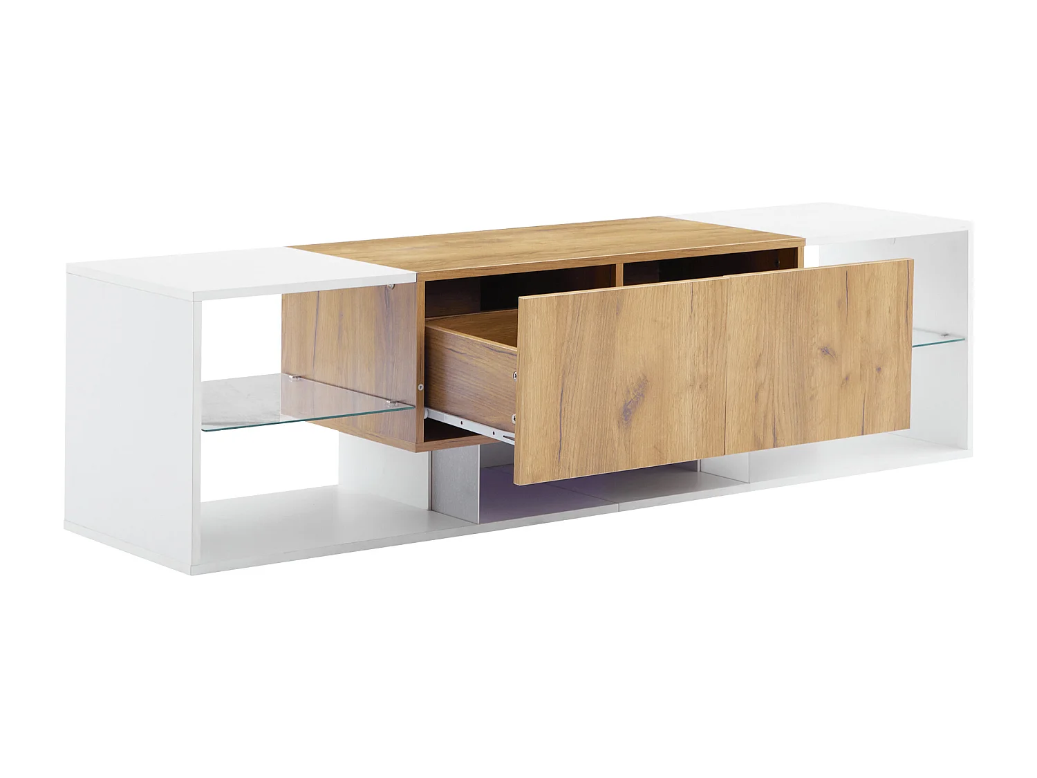 Mueble de TV con LED, con tapa de cristal y 2 cajones, apto para salón, 160x40x42cm, blanco