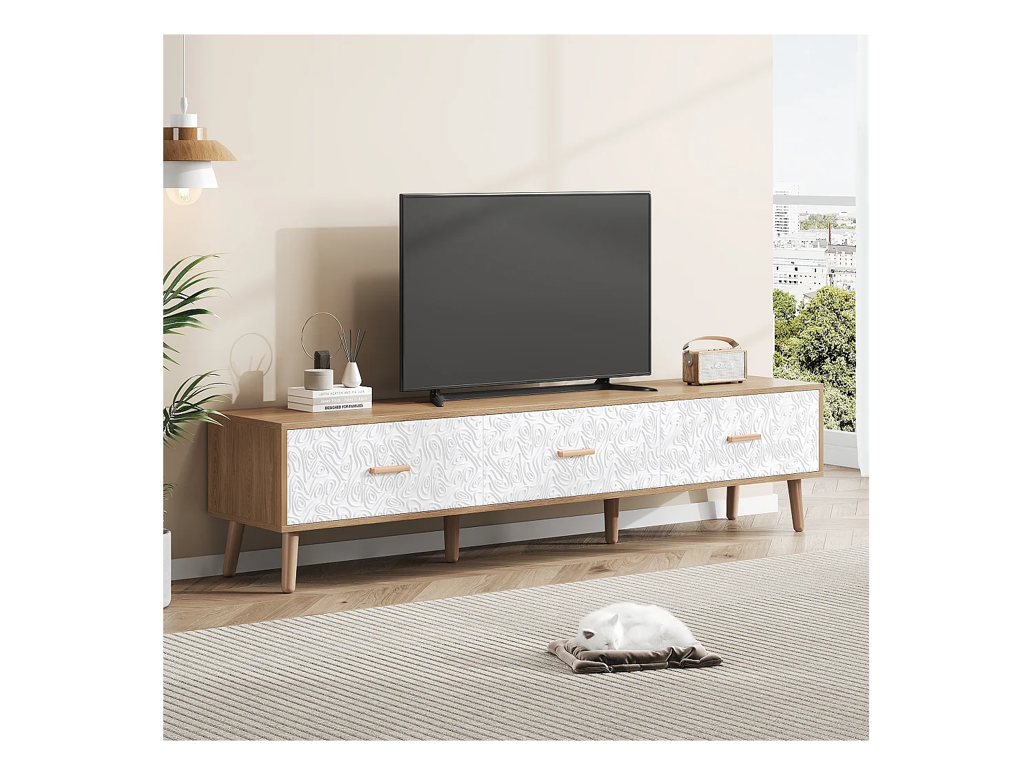 Meuble TV Bois, Meuble TV avec 3 Tiroirs, Banc TV Longueur 150cm, Style Rétro, 150x35x39cm, Blanc