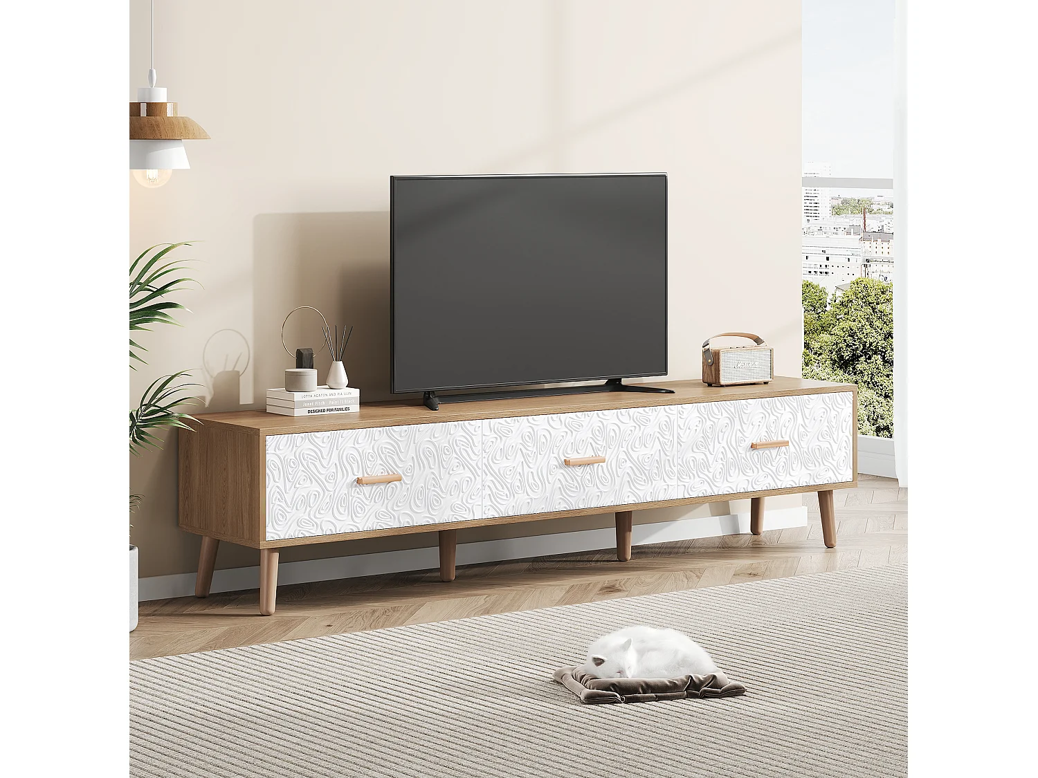 Móvel de TV baixo de madeira vintage - Para sala de estar, madeira clara, revestimento de porta branco, grão vintage