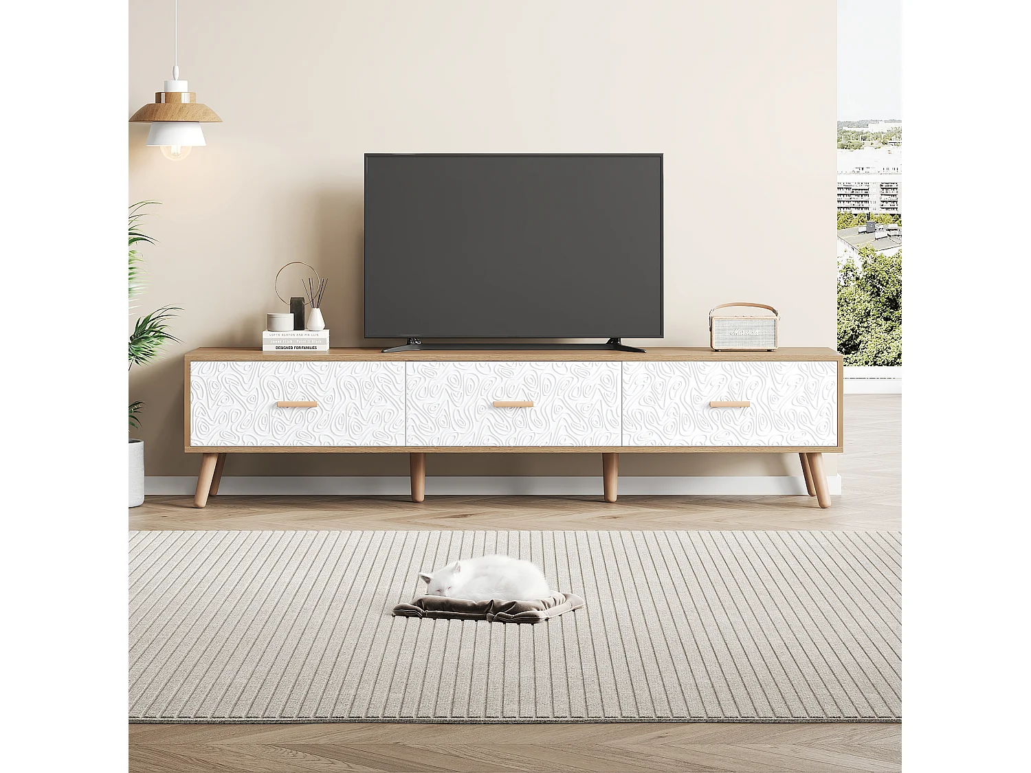 Móvel de TV baixo de madeira vintage - Para sala de estar, madeira clara, revestimento de porta branco, grão vintage