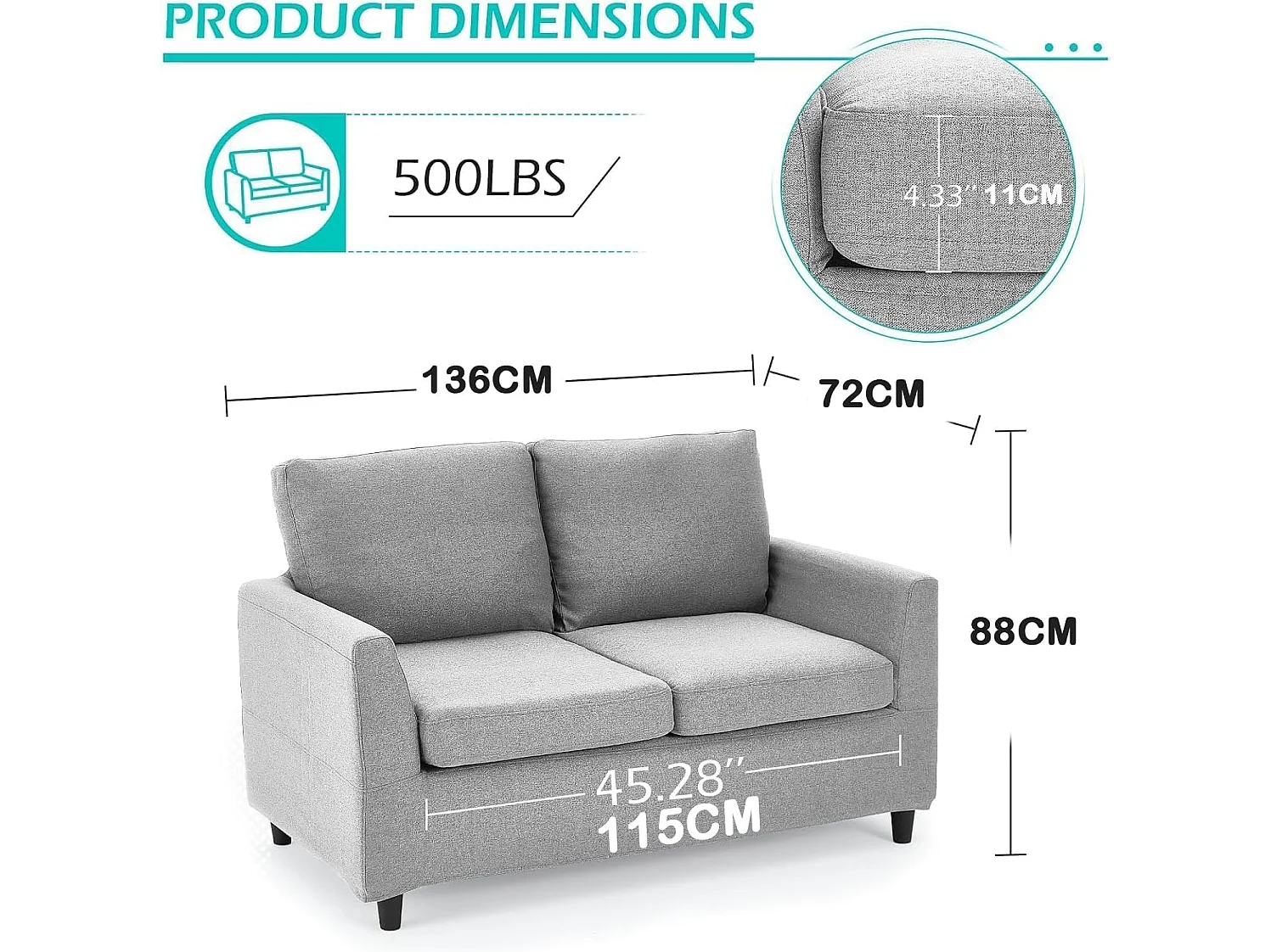 YODOLLA 2-Sitzer Sofa mit abnehmbaren Bezügen, moderne Couch für Wohnzimmer. Ideal für kleine Räume, Hellgrau