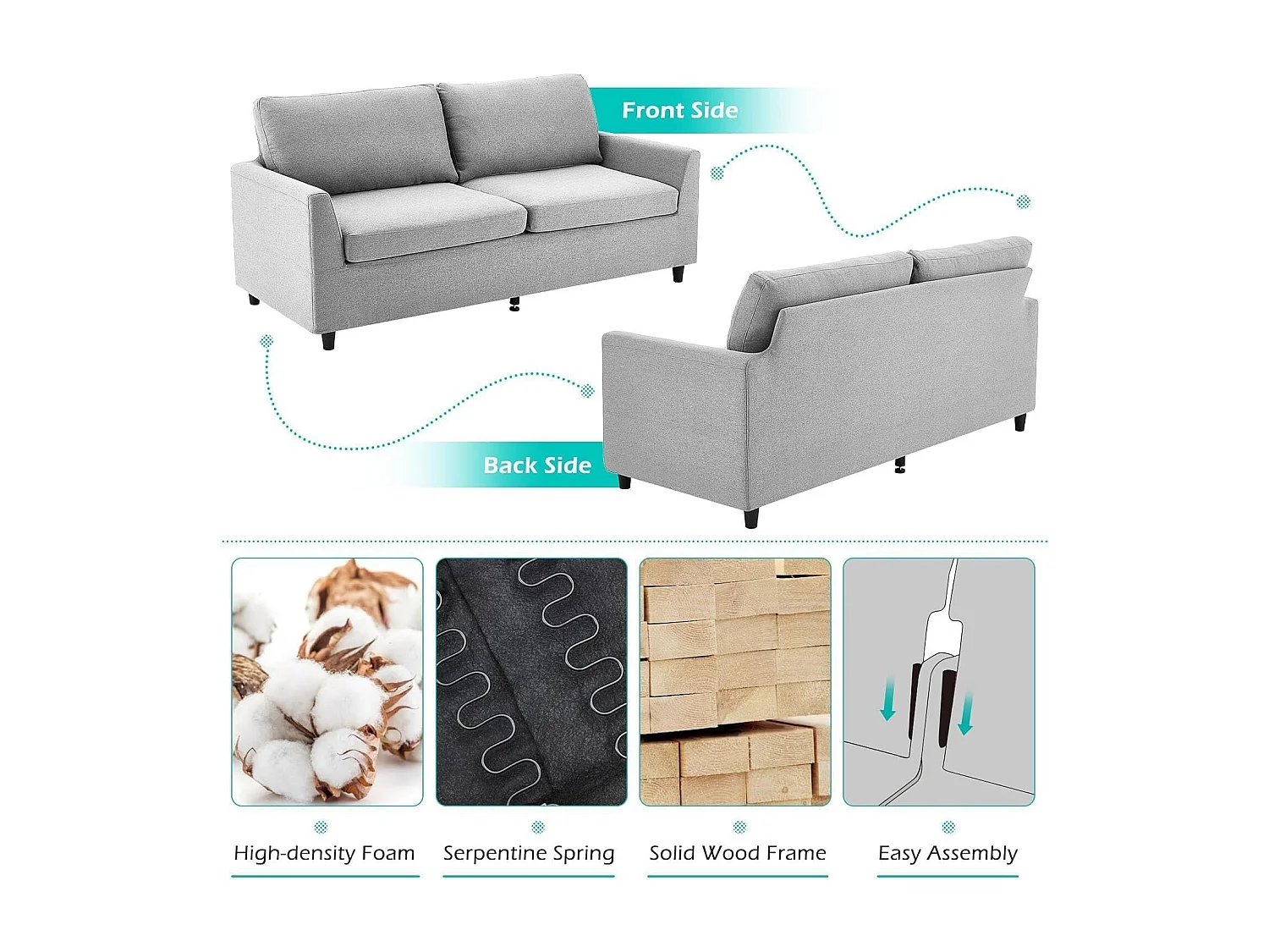 YODOLLA 2-Sitzer Sofa mit abnehmbaren Bezügen, moderne Couch für Wohnzimmer. Ideal für kleine Räume, Hellgrau