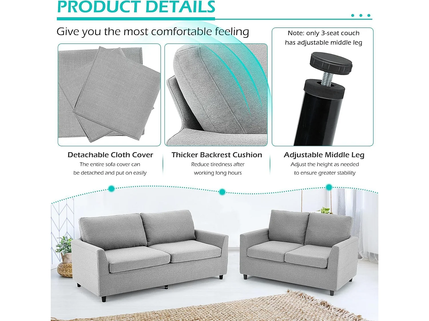 YODOLLA 2-Sitzer Sofa mit abnehmbaren Bezügen, moderne Couch für Wohnzimmer. Ideal für kleine Räume, Hellgrau